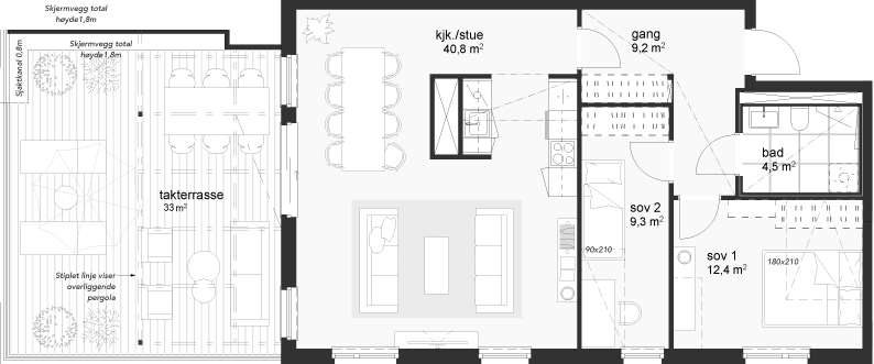 Plantegning som 3-romsv som er standard løsning.